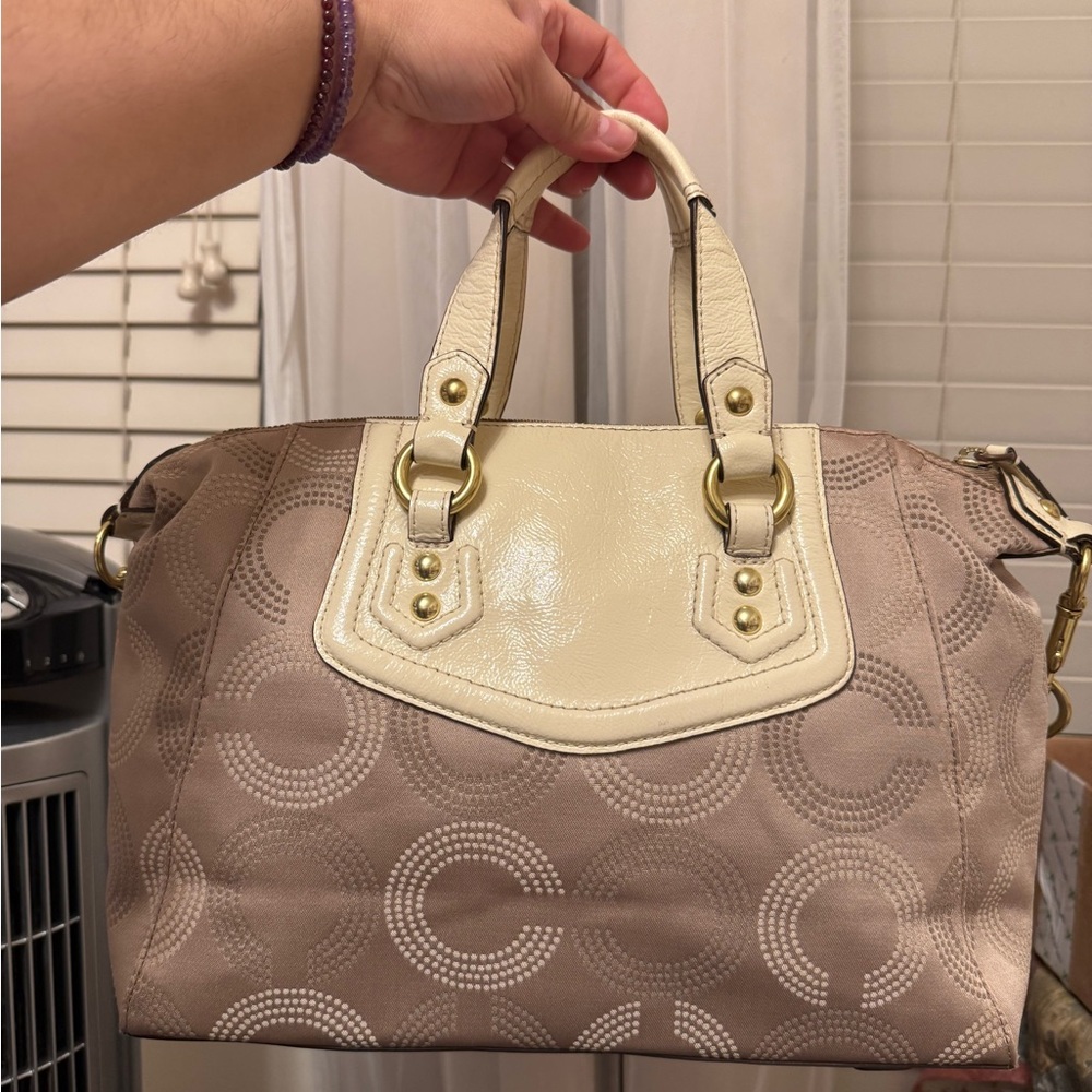 Coach  Ashley Taupe Signature Satchel with Cream Leather Trim - Picture 2 of 11